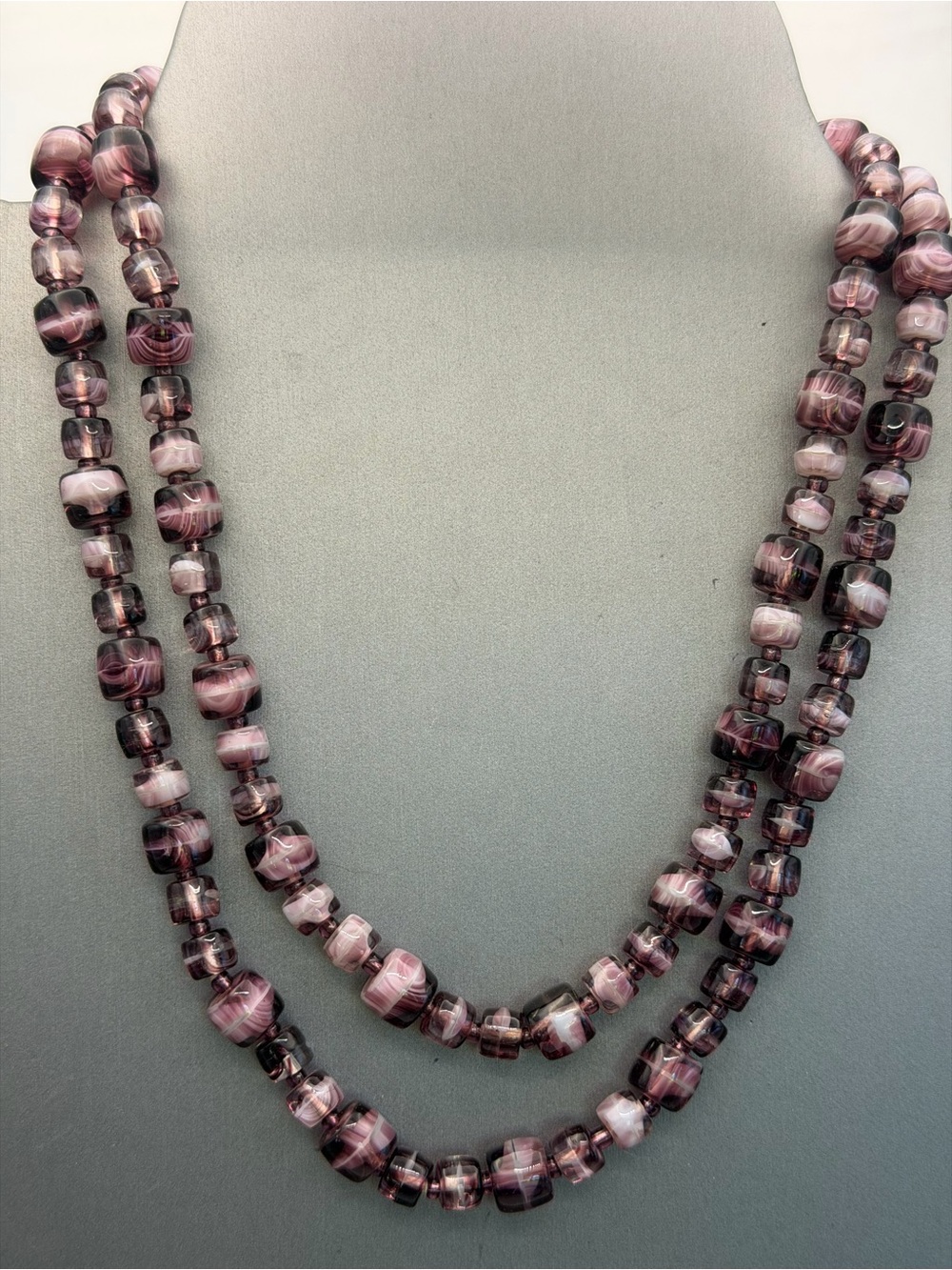 Purple Swirl Art Glass Bead Necklace 30” Long Strand Barrel Clasp Vintage